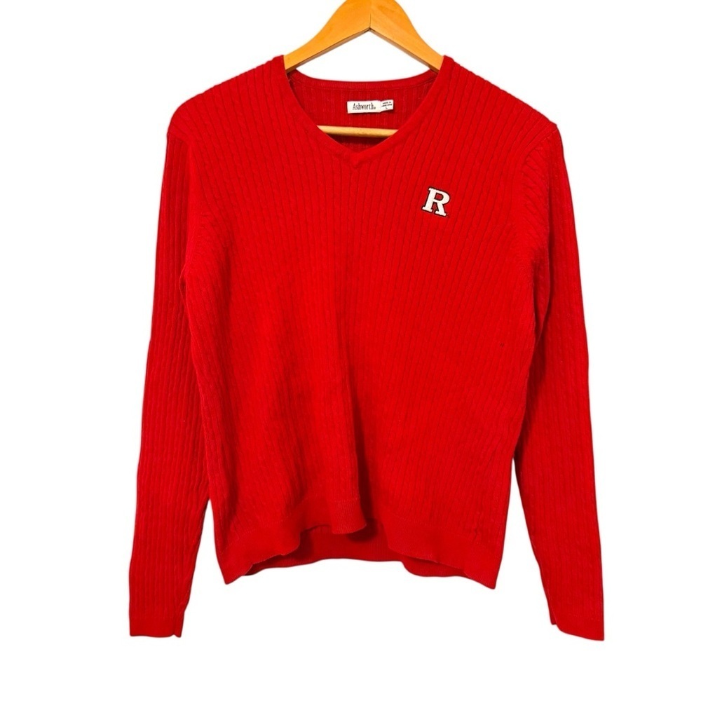 4/$25 Ashworth Cable Knit V-Neck Sweater Size Large Red Rutgers University Logo